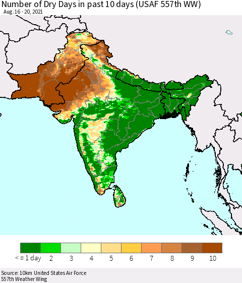 Southern Asia Number of Dry Days in past 10 days (USAF 557th WW) Thematic Map For 8/16/2021 - 8/20/2021