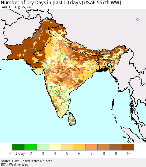 Southern Asia Number of Dry Days in past 10 days (USAF 557th WW) Thematic Map For 8/21/2021 - 8/25/2021