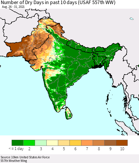 Southern Asia Number of Dry Days in past 10 days (USAF 557th WW) Thematic Map For 8/26/2021 - 8/31/2021