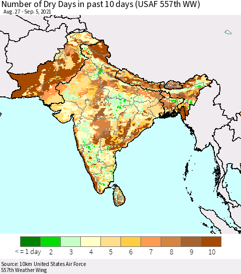 Southern Asia Number of Dry Days in past 10 days (USAF 557th WW) Thematic Map For 9/1/2021 - 9/5/2021