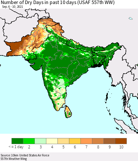 Southern Asia Number of Dry Days in past 10 days (USAF 557th WW) Thematic Map For 9/6/2021 - 9/10/2021