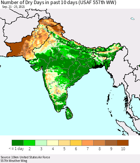 Southern Asia Number of Dry Days in past 10 days (USAF 557th WW) Thematic Map For 9/21/2021 - 9/25/2021