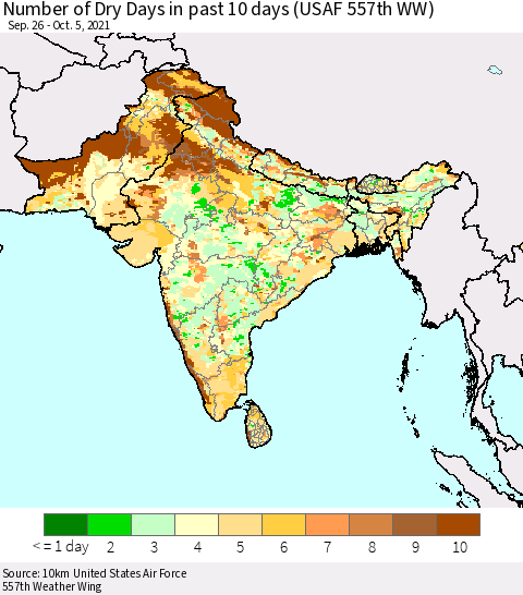 Southern Asia Number of Dry Days in past 10 days (USAF 557th WW) Thematic Map For 10/1/2021 - 10/5/2021