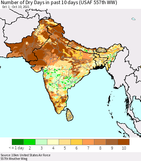 Southern Asia Number of Dry Days in past 10 days (USAF 557th WW) Thematic Map For 10/6/2021 - 10/10/2021