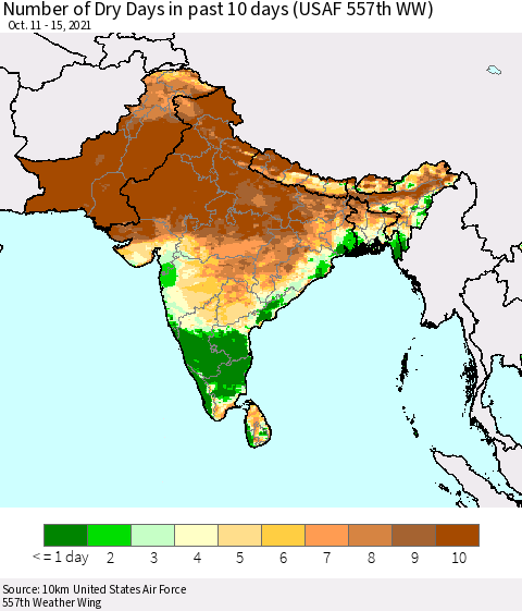 Southern Asia Number of Dry Days in past 10 days (USAF 557th WW) Thematic Map For 10/11/2021 - 10/15/2021