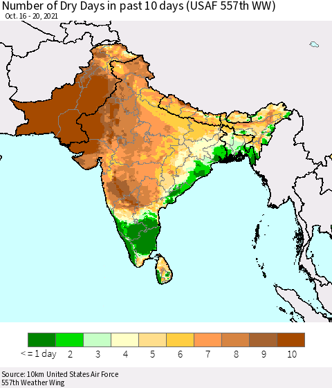 Southern Asia Number of Dry Days in past 10 days (USAF 557th WW) Thematic Map For 10/16/2021 - 10/20/2021