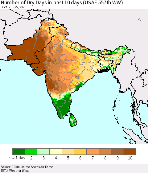 Southern Asia Number of Dry Days in past 10 days (USAF 557th WW) Thematic Map For 10/21/2021 - 10/25/2021