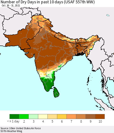 Southern Asia Number of Dry Days in past 10 days (USAF 557th WW) Thematic Map For 10/26/2021 - 10/31/2021