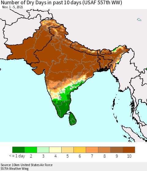 Southern Asia Number of Dry Days in past 10 days (USAF 557th WW) Thematic Map For 11/1/2021 - 11/5/2021