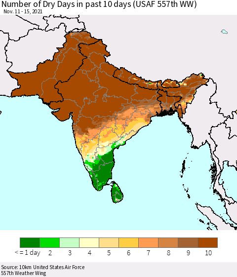 Southern Asia Number of Dry Days in past 10 days (USAF 557th WW) Thematic Map For 11/11/2021 - 11/15/2021