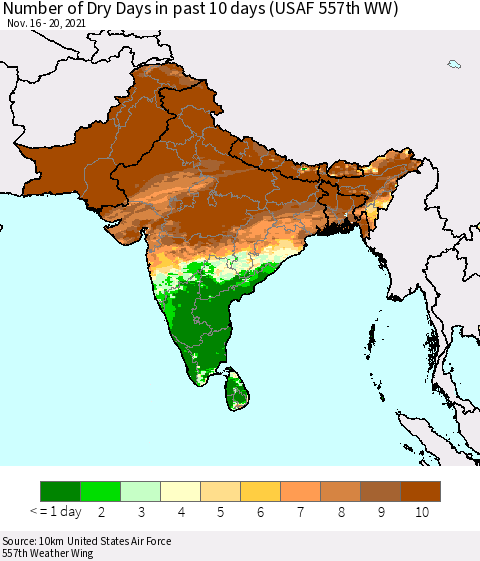 Southern Asia Number of Dry Days in past 10 days (USAF 557th WW) Thematic Map For 11/16/2021 - 11/20/2021