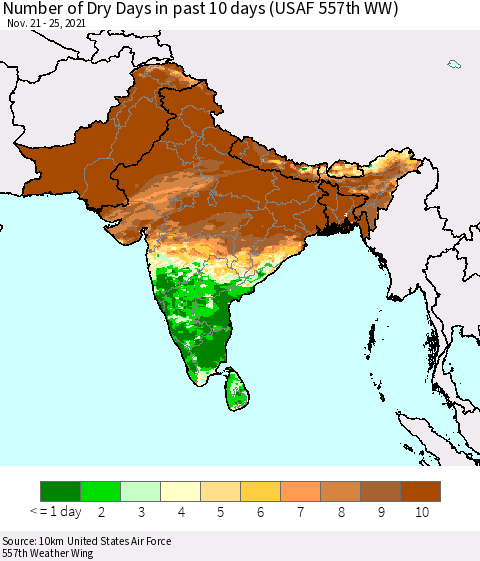 Southern Asia Number of Dry Days in past 10 days (USAF 557th WW) Thematic Map For 11/21/2021 - 11/25/2021