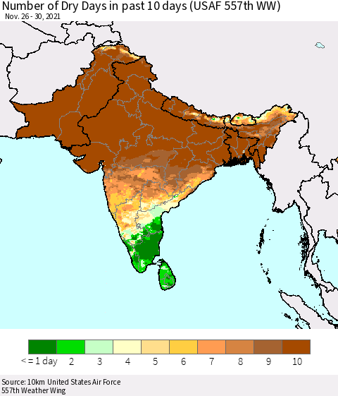 Southern Asia Number of Dry Days in past 10 days (USAF 557th WW) Thematic Map For 11/26/2021 - 11/30/2021