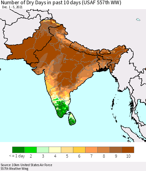 Southern Asia Number of Dry Days in past 10 days (USAF 557th WW) Thematic Map For 12/1/2021 - 12/5/2021