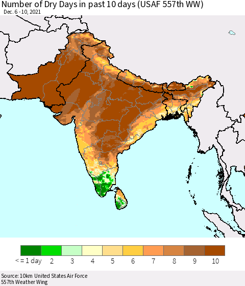 Southern Asia Number of Dry Days in past 10 days (USAF 557th WW) Thematic Map For 12/6/2021 - 12/10/2021
