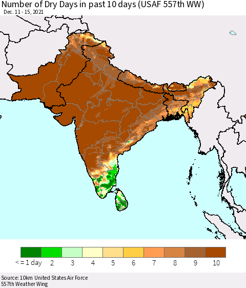 Southern Asia Number of Dry Days in past 10 days (USAF 557th WW) Thematic Map For 12/11/2021 - 12/15/2021