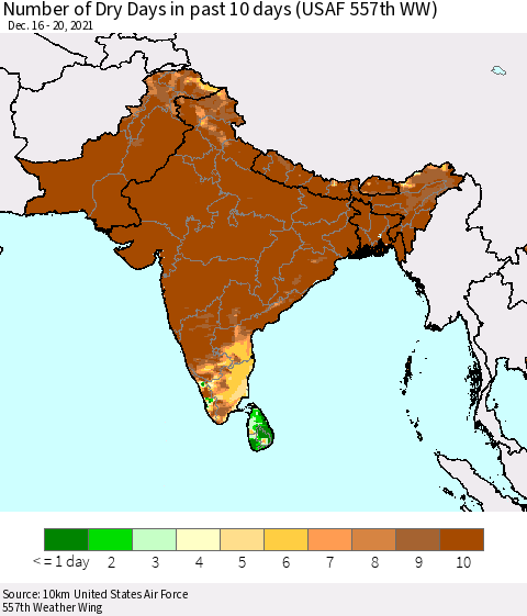 Southern Asia Number of Dry Days in past 10 days (USAF 557th WW) Thematic Map For 12/16/2021 - 12/20/2021