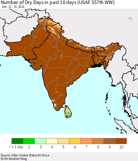 Southern Asia Number of Dry Days in past 10 days (USAF 557th WW) Thematic Map For 12/21/2021 - 12/25/2021