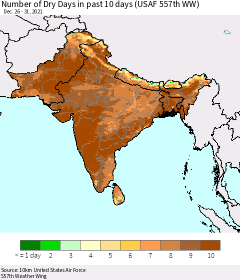 Southern Asia Number of Dry Days in past 10 days (USAF 557th WW) Thematic Map For 12/26/2021 - 12/31/2021