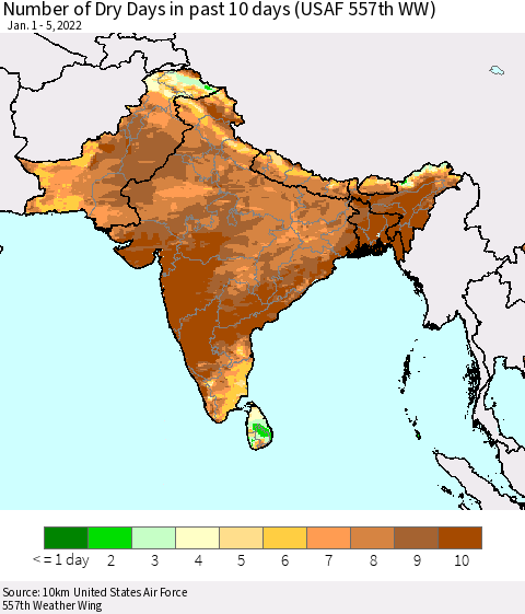 Southern Asia Number of Dry Days in past 10 days (USAF 557th WW) Thematic Map For 1/1/2022 - 1/5/2022