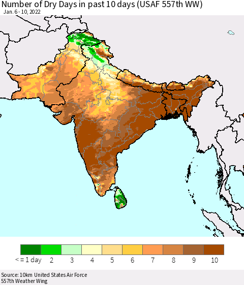 Southern Asia Number of Dry Days in past 10 days (USAF 557th WW) Thematic Map For 1/6/2022 - 1/10/2022