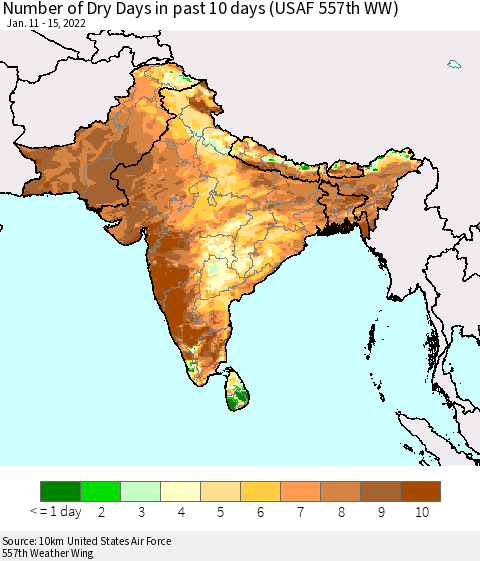 Southern Asia Number of Dry Days in past 10 days (USAF 557th WW) Thematic Map For 1/11/2022 - 1/15/2022