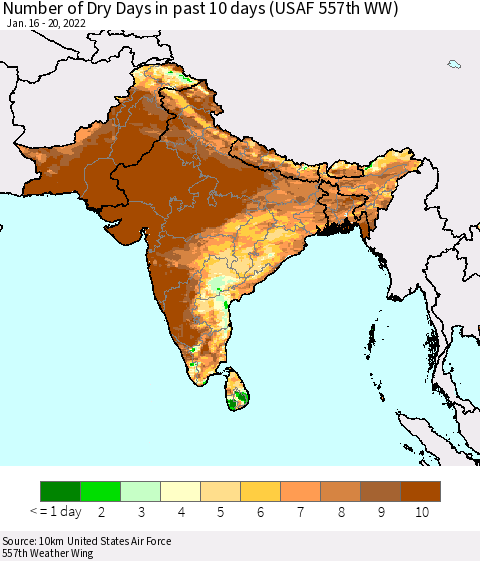 Southern Asia Number of Dry Days in past 10 days (USAF 557th WW) Thematic Map For 1/16/2022 - 1/20/2022