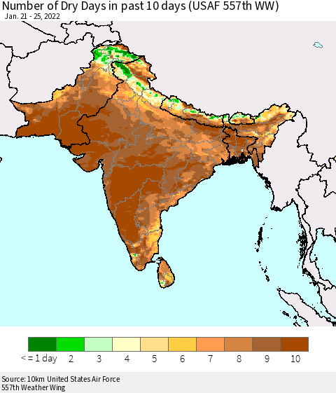 Southern Asia Number of Dry Days in past 10 days (USAF 557th WW) Thematic Map For 1/21/2022 - 1/25/2022