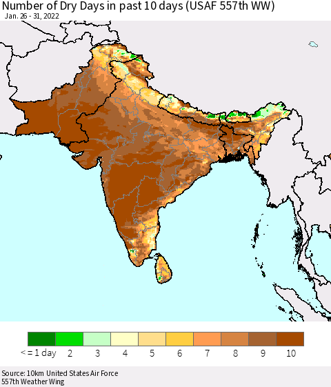 Southern Asia Number of Dry Days in past 10 days (USAF 557th WW) Thematic Map For 1/26/2022 - 1/31/2022