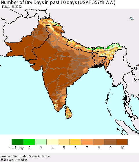 Southern Asia Number of Dry Days in past 10 days (USAF 557th WW) Thematic Map For 2/1/2022 - 2/5/2022