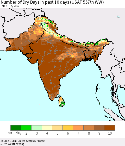 Southern Asia Number of Dry Days in past 10 days (USAF 557th WW) Thematic Map For 3/1/2022 - 3/5/2022