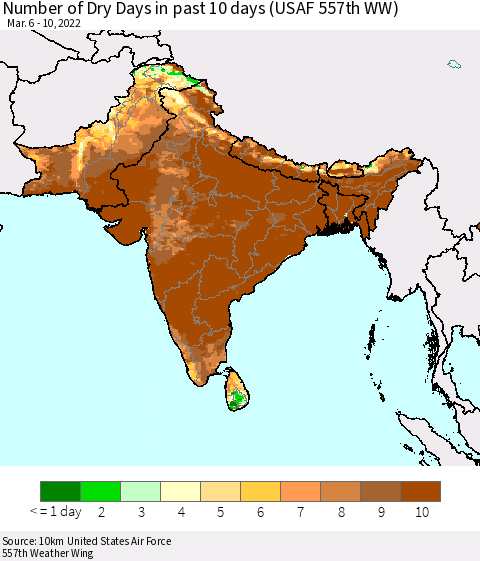 Southern Asia Number of Dry Days in past 10 days (USAF 557th WW) Thematic Map For 3/6/2022 - 3/10/2022