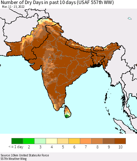 Southern Asia Number of Dry Days in past 10 days (USAF 557th WW) Thematic Map For 3/11/2022 - 3/15/2022