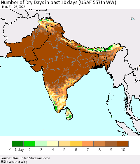 Southern Asia Number of Dry Days in past 10 days (USAF 557th WW) Thematic Map For 3/21/2022 - 3/25/2022