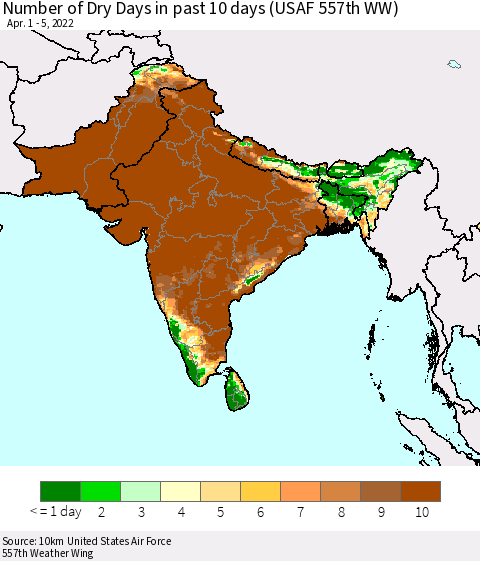Southern Asia Number of Dry Days in past 10 days (USAF 557th WW) Thematic Map For 4/1/2022 - 4/5/2022