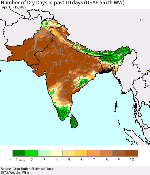 Southern Asia Number of Dry Days in past 10 days (USAF 557th WW) Thematic Map For 4/11/2022 - 4/15/2022