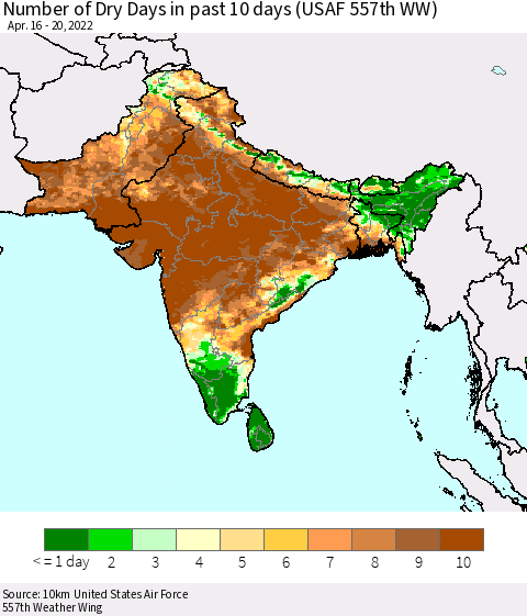 Southern Asia Number of Dry Days in past 10 days (USAF 557th WW) Thematic Map For 4/16/2022 - 4/20/2022
