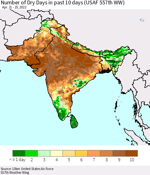 Southern Asia Number of Dry Days in past 10 days (USAF 557th WW) Thematic Map For 4/21/2022 - 4/25/2022