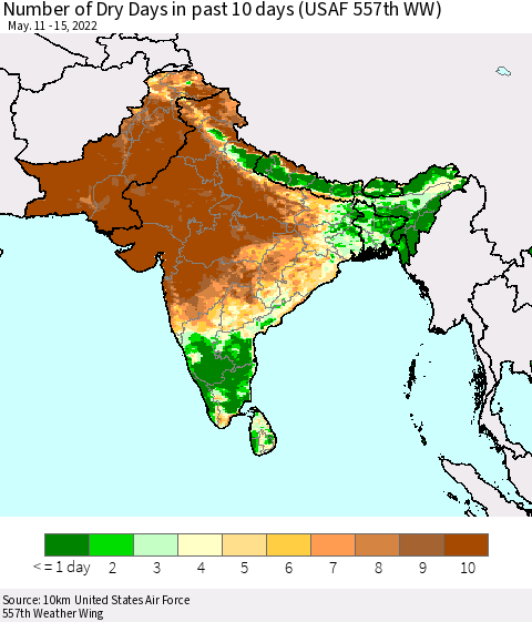 Southern Asia Number of Dry Days in past 10 days (USAF 557th WW) Thematic Map For 5/11/2022 - 5/15/2022