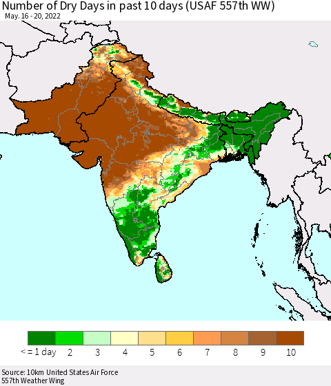 Southern Asia Number of Dry Days in past 10 days (USAF 557th WW) Thematic Map For 5/16/2022 - 5/20/2022