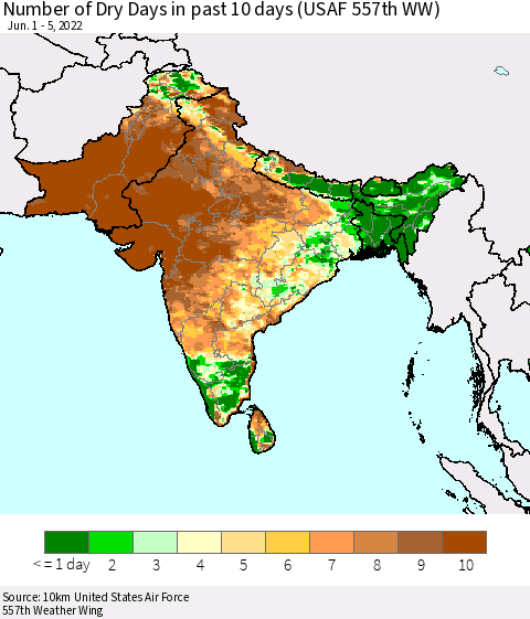 Southern Asia Number of Dry Days in past 10 days (USAF 557th WW) Thematic Map For 6/1/2022 - 6/5/2022