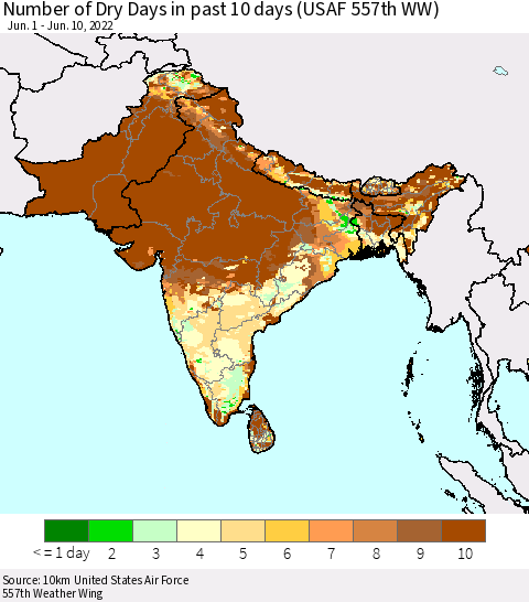 Southern Asia Number of Dry Days in past 10 days (USAF 557th WW) Thematic Map For 6/6/2022 - 6/10/2022