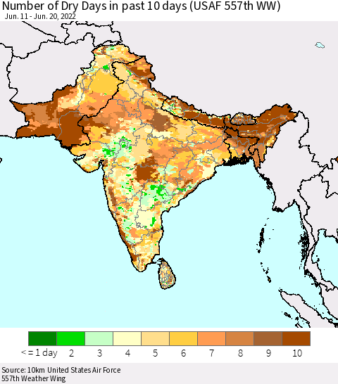 Southern Asia Number of Dry Days in past 10 days (USAF 557th WW) Thematic Map For 6/16/2022 - 6/20/2022