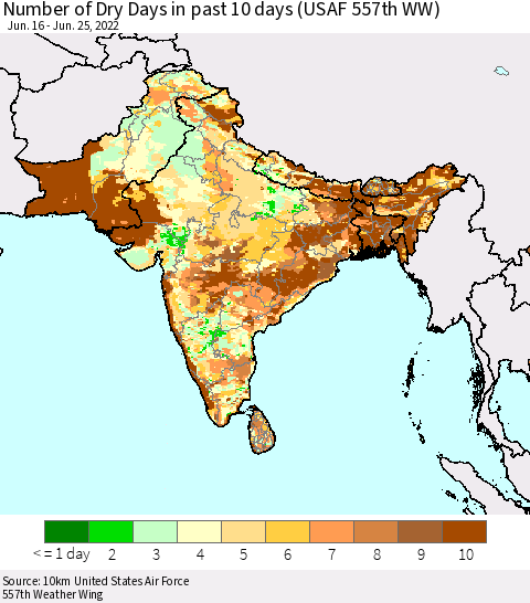 Southern Asia Number of Dry Days in past 10 days (USAF 557th WW) Thematic Map For 6/21/2022 - 6/25/2022