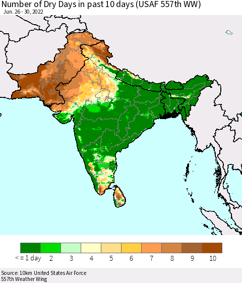 Southern Asia Number of Dry Days in past 10 days (USAF 557th WW) Thematic Map For 6/26/2022 - 6/30/2022