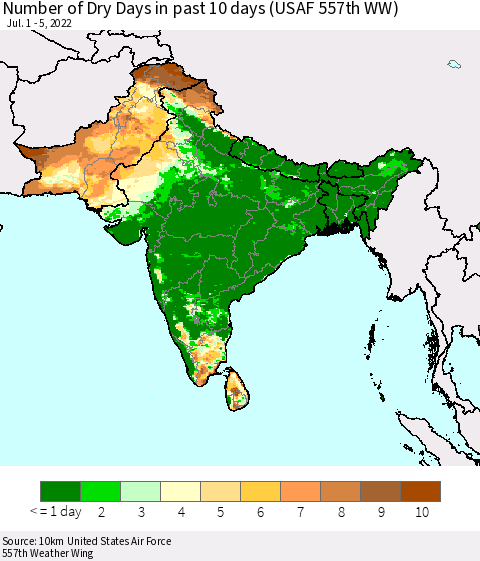 Southern Asia Number of Dry Days in past 10 days (USAF 557th WW) Thematic Map For 7/1/2022 - 7/5/2022