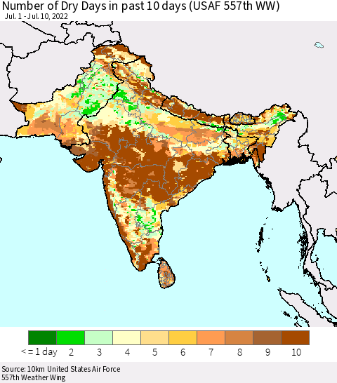 Southern Asia Number of Dry Days in past 10 days (USAF 557th WW) Thematic Map For 7/6/2022 - 7/10/2022