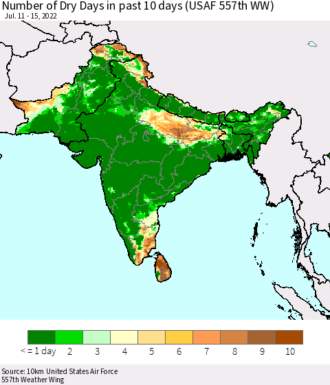 Southern Asia Number of Dry Days in past 10 days (USAF 557th WW) Thematic Map For 7/11/2022 - 7/15/2022