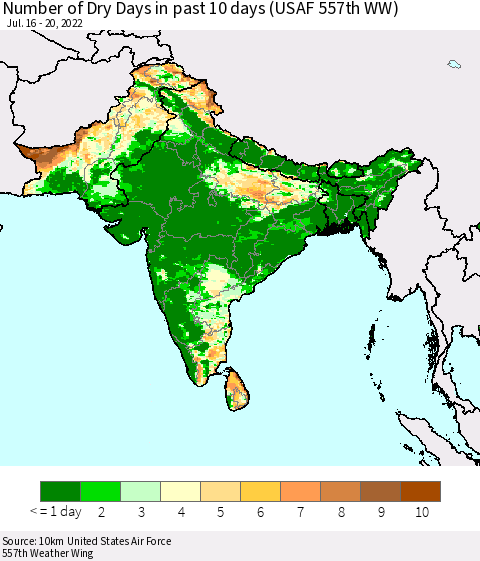 Southern Asia Number of Dry Days in past 10 days (USAF 557th WW) Thematic Map For 7/16/2022 - 7/20/2022