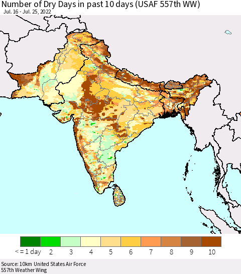 Southern Asia Number of Dry Days in past 10 days (USAF 557th WW) Thematic Map For 7/21/2022 - 7/25/2022